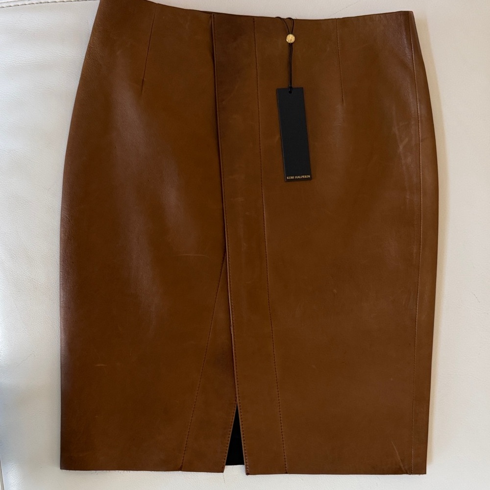 Kobi Halperin Chestnut Brown Leather Pencil Skirt with Front Slit